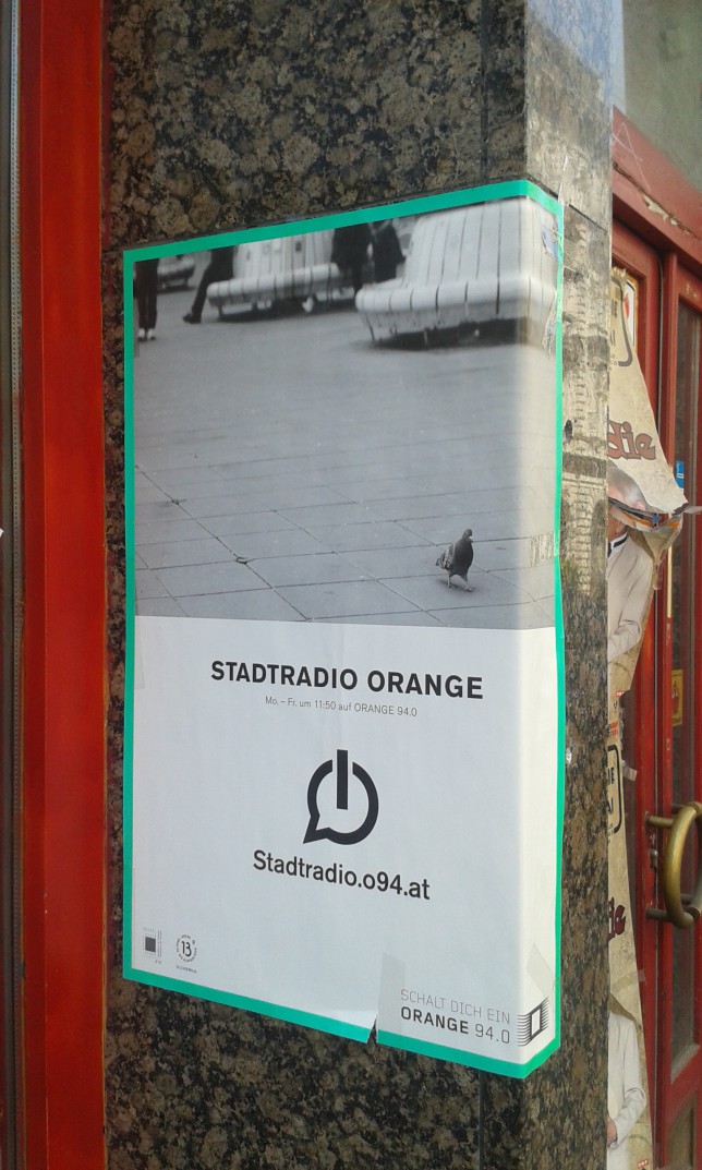 Stadtradio Orange poster, the building seemed to be under renovation. Not sure if this was only advertising or actual sign for studio location..